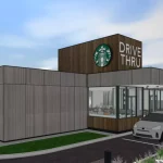 Rendering of a modern drive-thru coffee shop with car in queue, branded exterior signage under clear blue sky