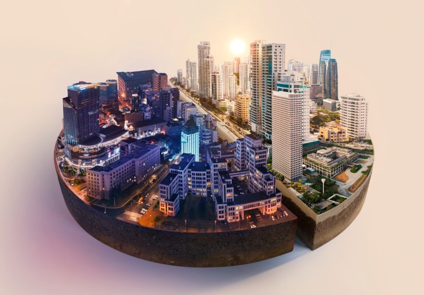 A panoramic view of a vibrant cityscape featuring modern skyscrapers and urban architecture under a clear blue sky