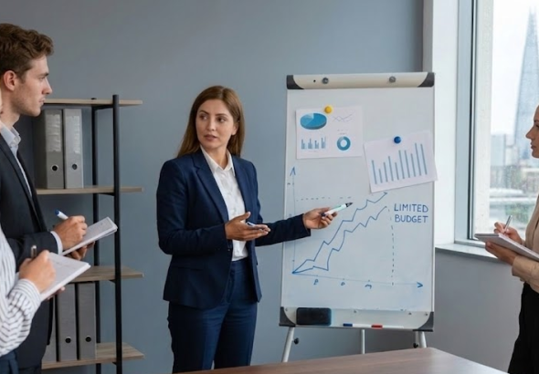 A woman in a navy suit presents a line graph to three colleagues taking notes