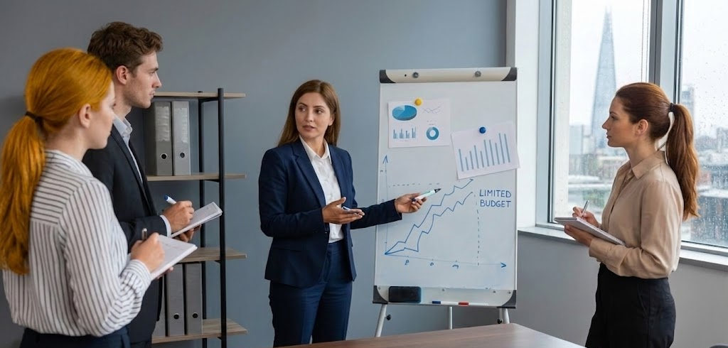A woman in a navy suit presents a line graph to three colleagues taking notes