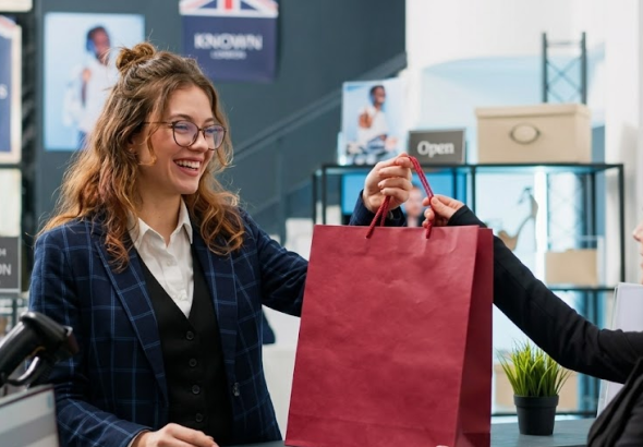 Shop assistant handing a burgundy bag to a customer in a stylish London boutique with posters and plants in background