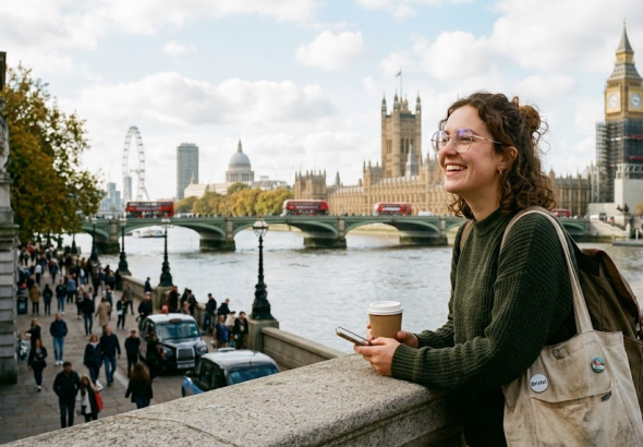 Smiling woman in London holding coffee with iconic cityscape including Big Ben and the London Eye in the background