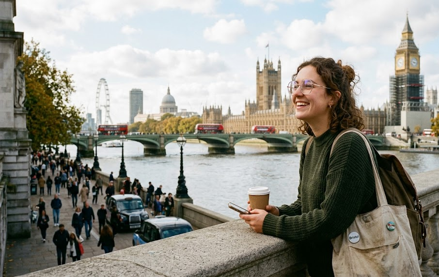 Smiling woman in London holding coffee with iconic cityscape including Big Ben and the London Eye in the background