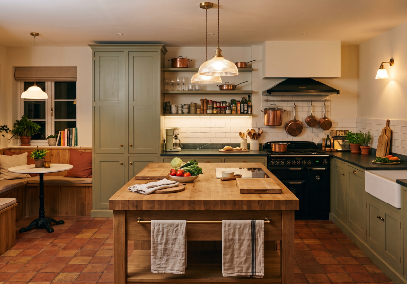 Cosy kitchen with wooden island, vegetables, copper pans, and a breakfast nook with plants and natural lighting